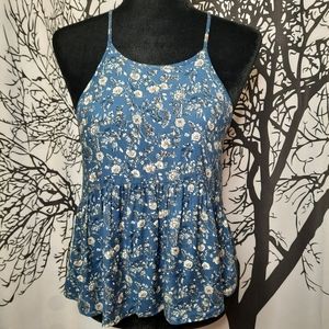 Blue Floral Bohemian Peplum Racer Back Adjustable Strap Tank Top